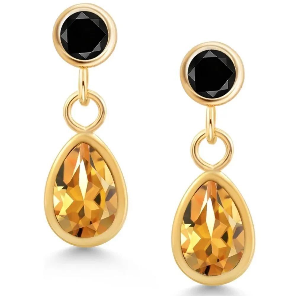 14K Yellow Gold with 0.86 Cttw Yellow Citrine and Black Diamond Post Earrings